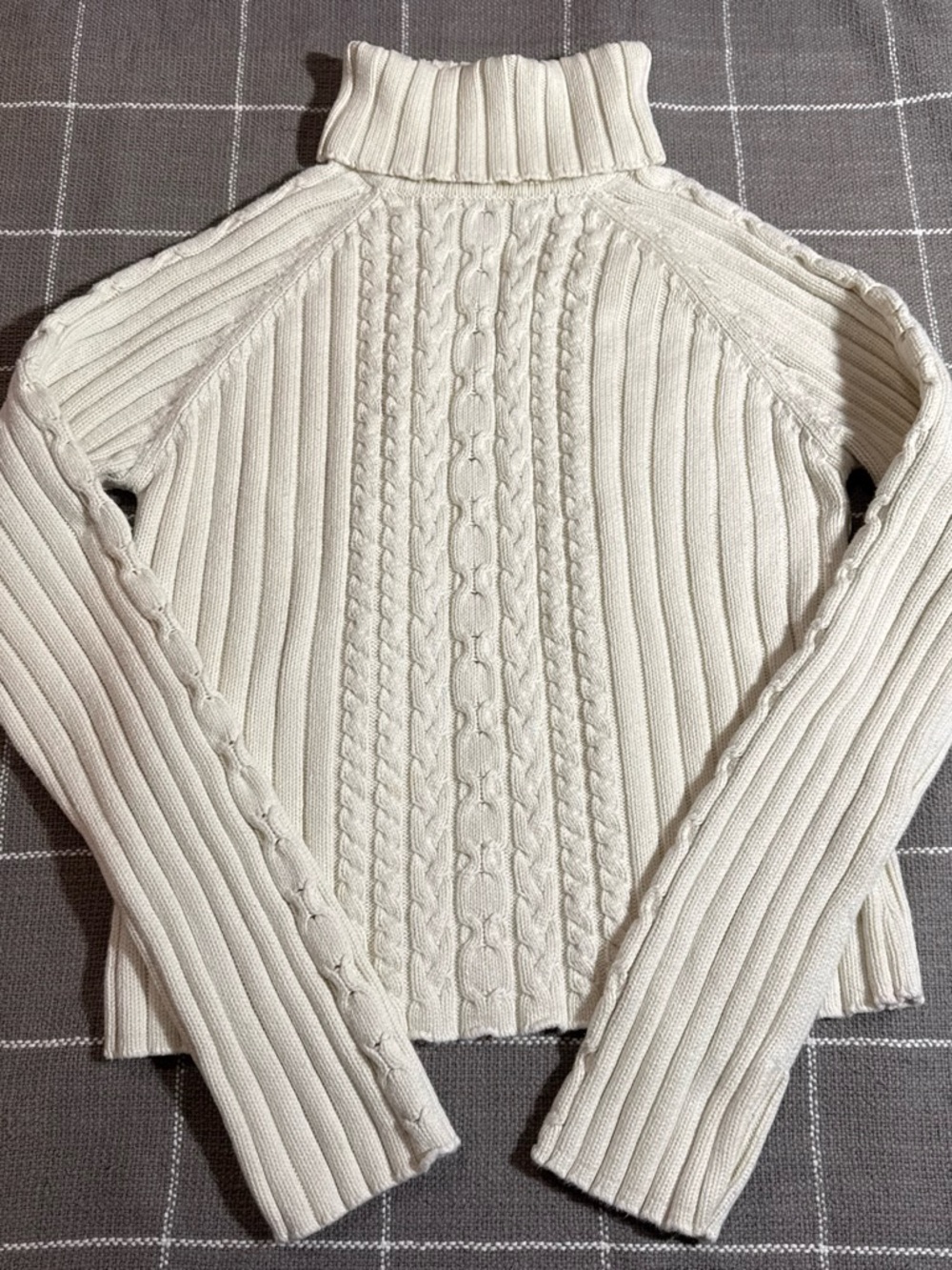 Q&A - Cable knit, Ribbed Turtleneck Sweater in Cream